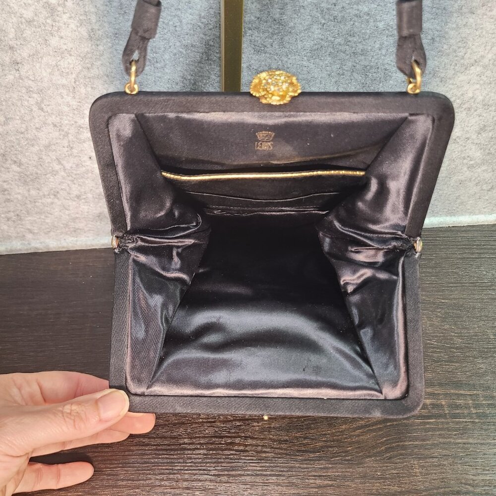 EUC Vintage Black Satin Evening Handbag - LEWIS - Gold & Crystal Accents